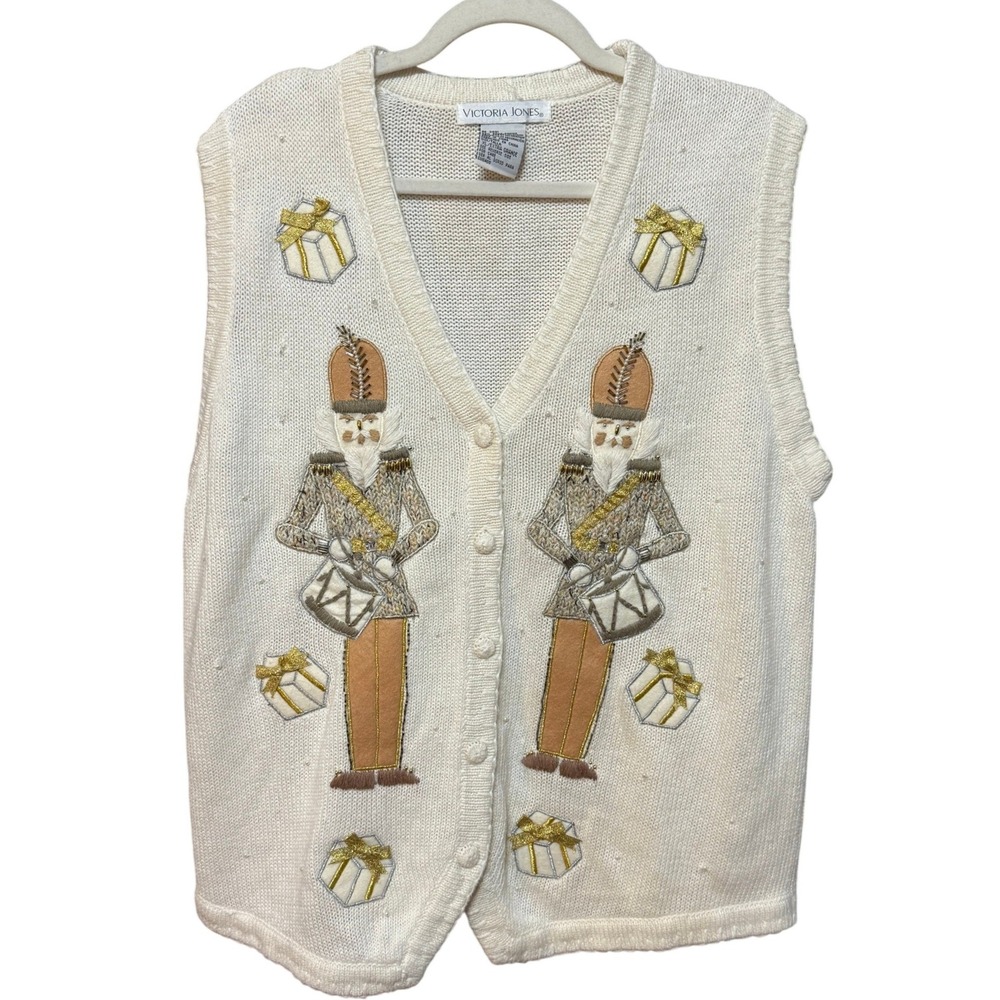 Christmas Nutcracker Beaded Metallic Festive Sweater Vest Cream XL Holiday Knit